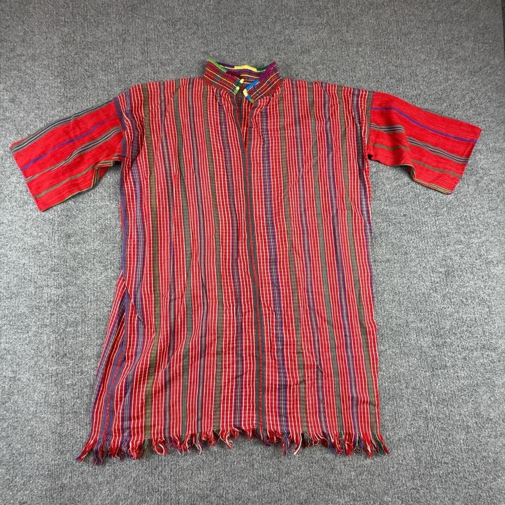 Striped Kaftan Dress Womens One Size Red Cotton Fringe Boho Tribal Tunic Summer